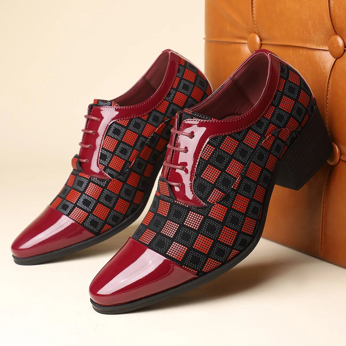 Men's British style checked leather business casual dress shoes by Showlu Fashion Store, featuring a classic design and polished finish.