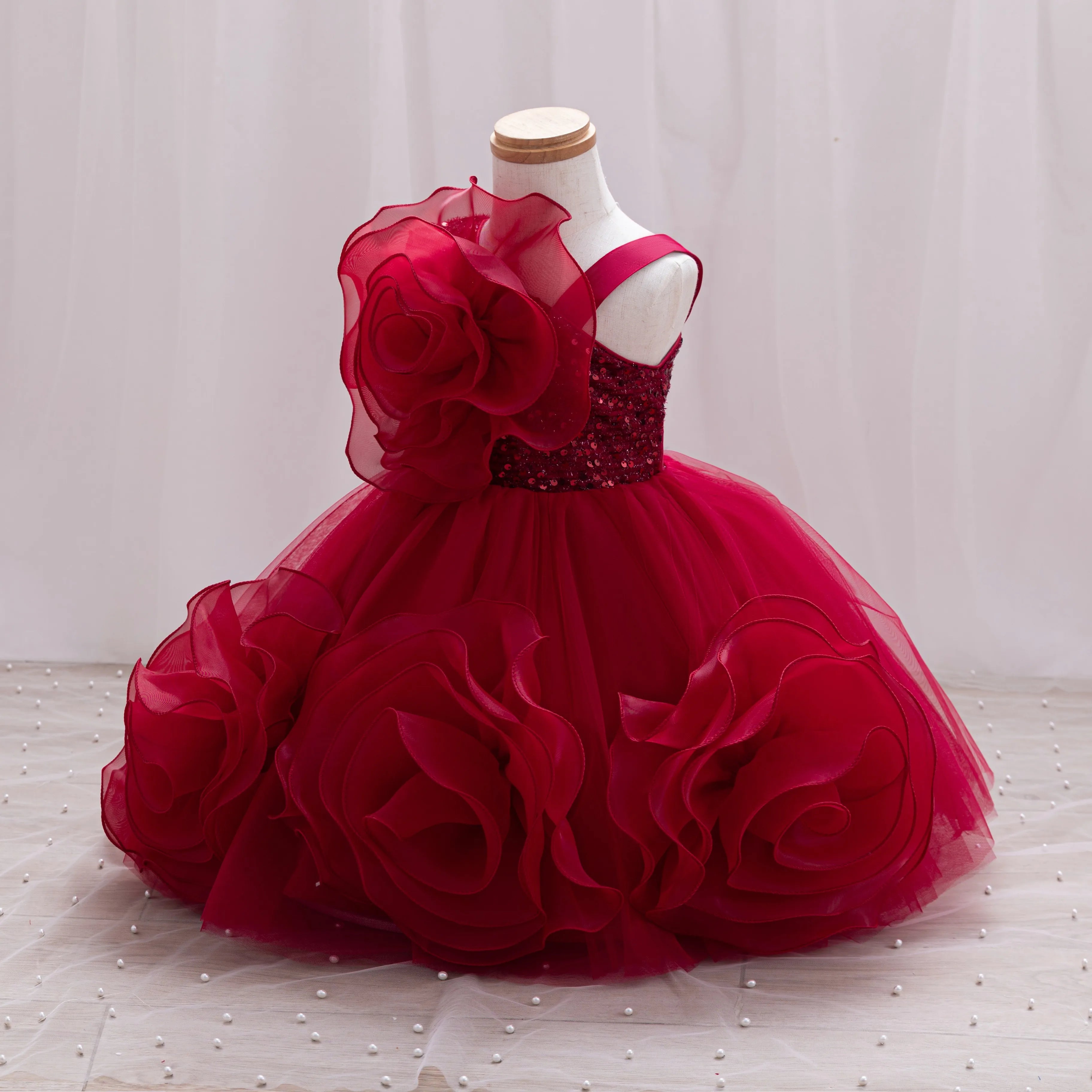 Toddler girl flower girl dress by Showlu Fashion, sparkling single shoulder birthday dress with puffy skirt for ages 0-6 years