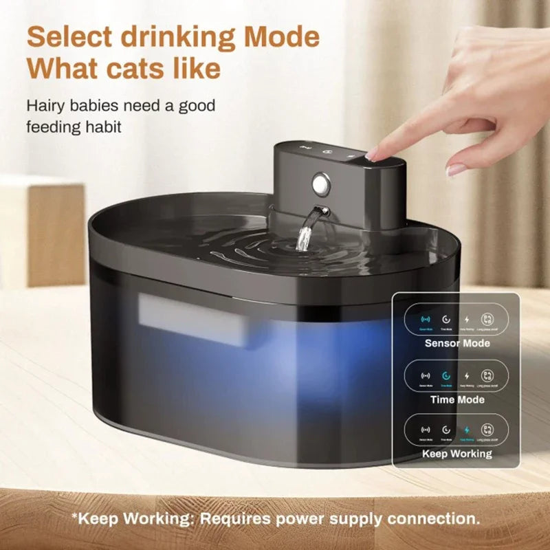Wireless Smart Cat Water Fountain 2.2L with sensor by Showlu Smart General, showing the sleek water fountain with flowing water and sensor features.