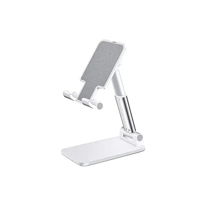 Universal adjustable desk phone stand for iPhone and tablet, shown holding a smartphone on a clean workspace.