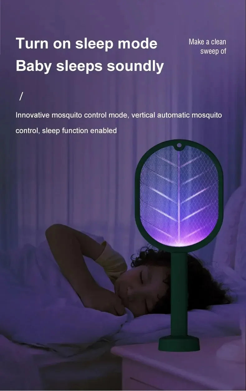Showlu Smart General USB rechargeable electric mosquito swatter racket with black handle and metal grid for insect zapping.