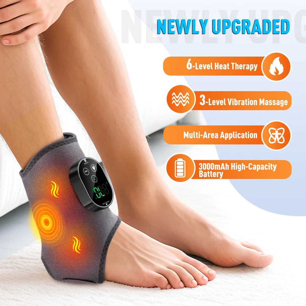 Electric foot and ankle massager with vibration, adjustable straps, rechargeable Type-C, and elbow relaxer for winter muscle relief.