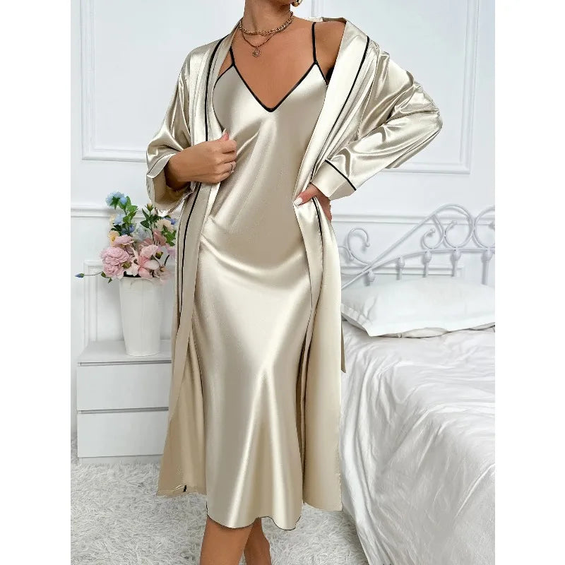 Women's sexy two-piece pajama set with V-neck slip dress and long robe, stylish sleepwear by Showlu Fashion.