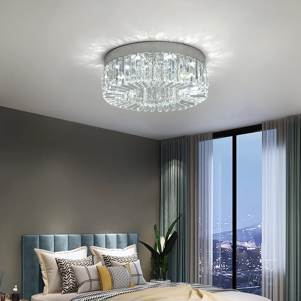 Modern gold crystal ceiling lamp with luxurious LED chandelier design, featuring sparkling crystals and elegant lighting.