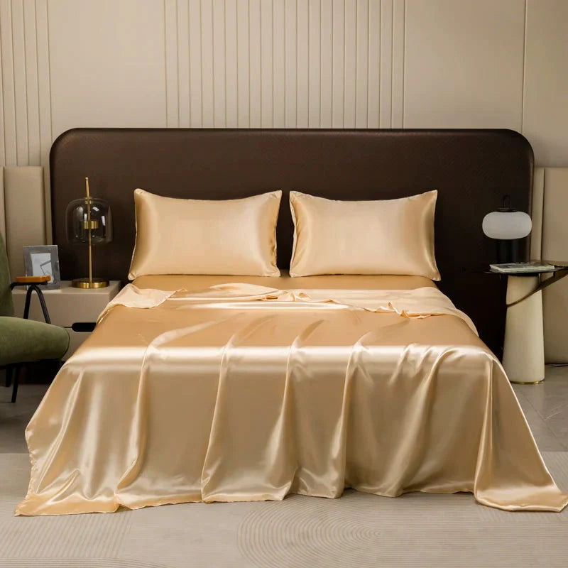 Showlu satin silk flat bed sheet in smooth polyester with 500 thread count, showcasing a luxurious, soft bedding fabric.