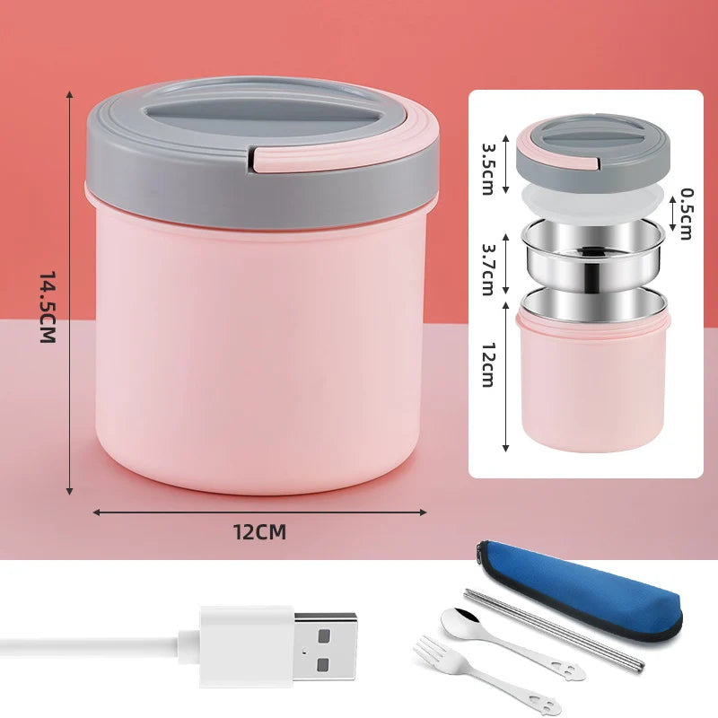 Stainless steel Showlu USB electric lunch box with 1.2L capacity for heating and storing meals on the go.