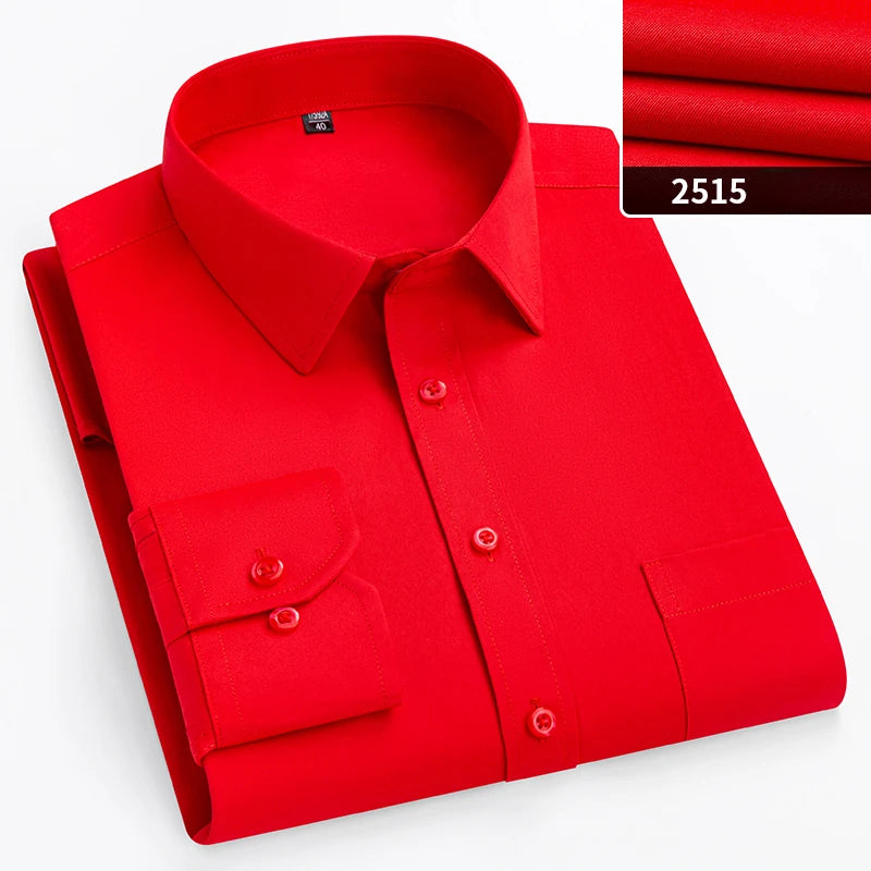 Plus size men's slim fit formal shirt with double collar, long sleeves, solid plain design, suitable for office and business wear.