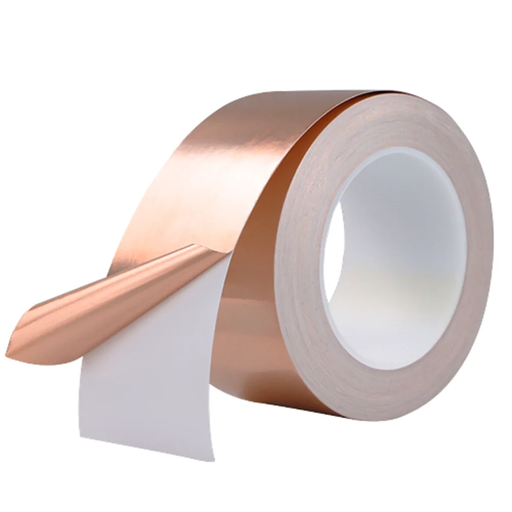 Copper tape snail-shaped EMI shielding foil tape for stained glass and electrical repair, with adhesive conductive backing.