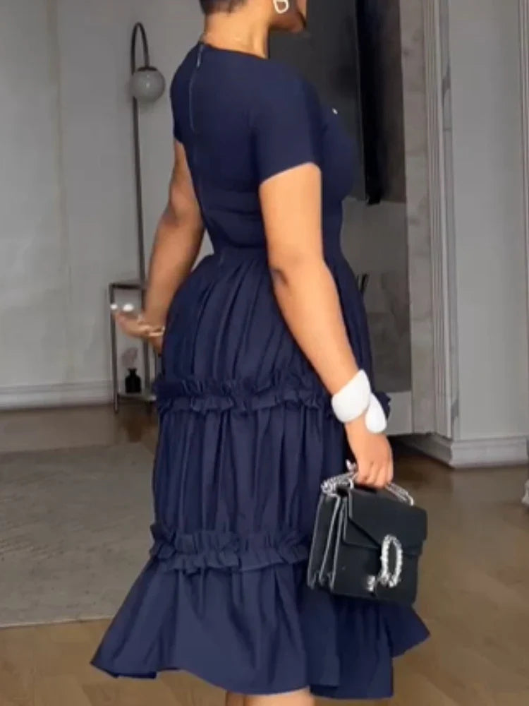 Elegant A-line church dress for women with ruffle sleeves, midi length, suitable for office or formal occasions, by SHOWLU FASHION.