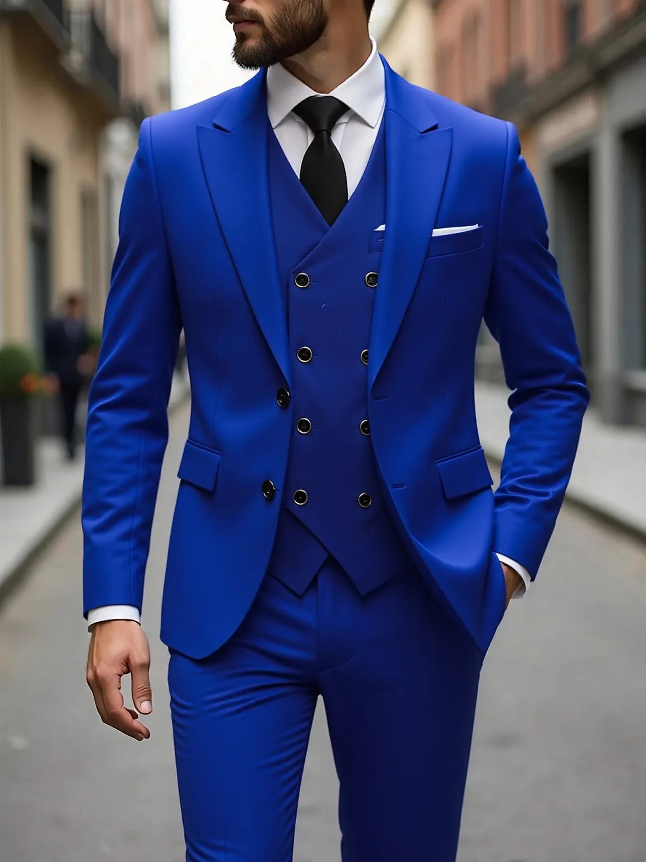 Classic slim fit wedding tuxedo for men with jacket, vest, and pants, ideal for grooms and formal occasions by Showlu Fashion.