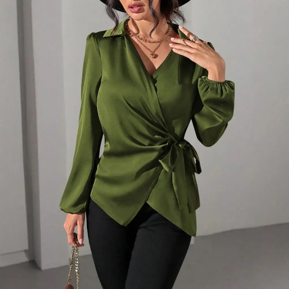 Elegant Showlu Women's long sleeve waist blouse with side lace-up detail, perfect for stylish, sophisticated outfits.