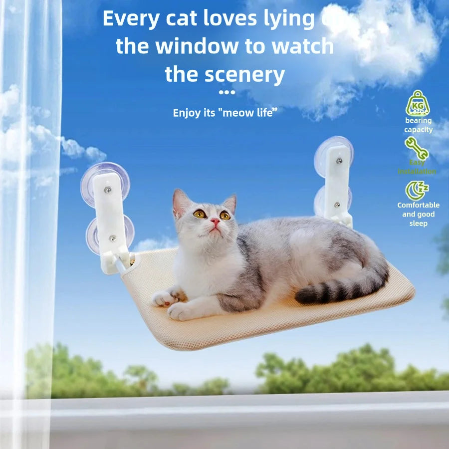 Folding cat window hammock by Showlu with breathable mesh platform for jumping and lounging in sunny spots.