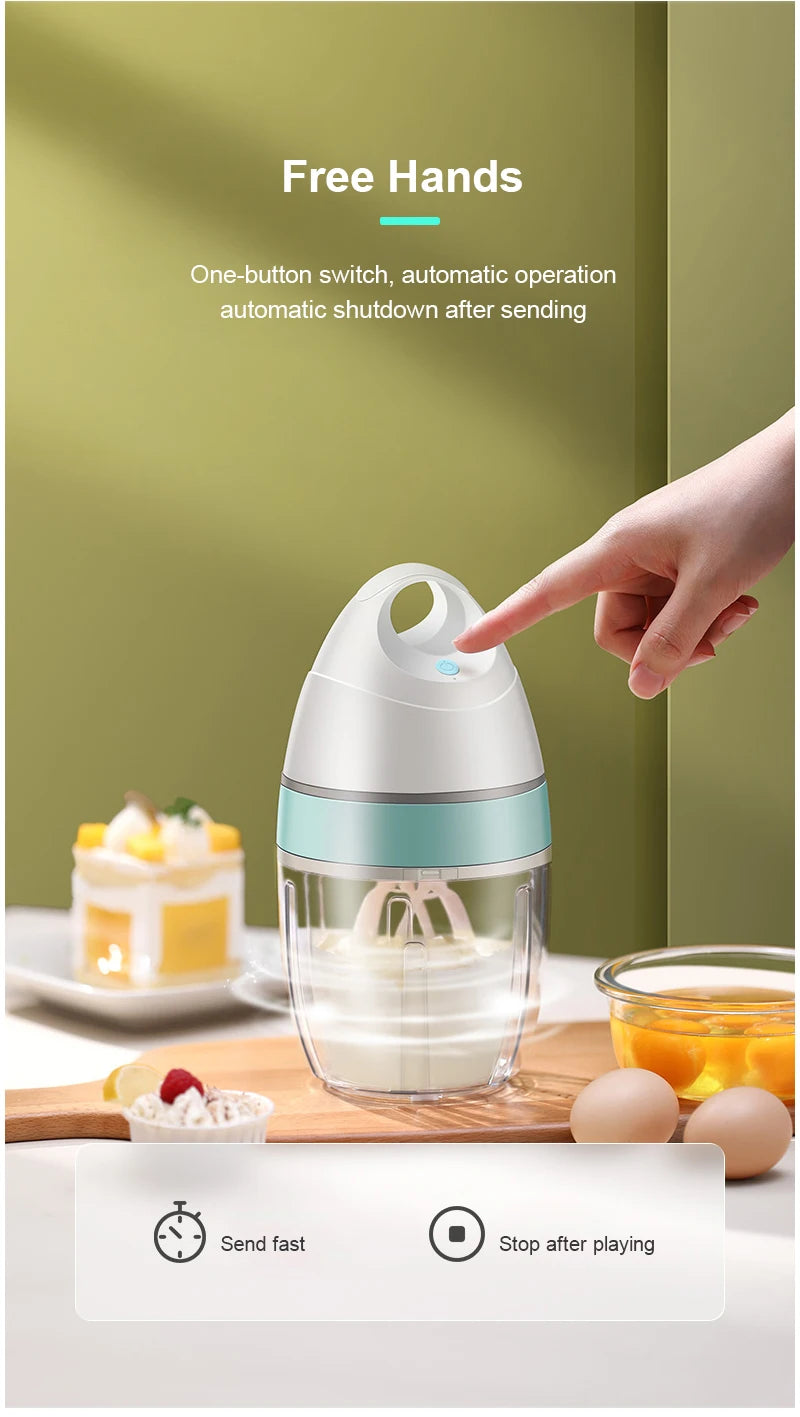 Showlu Smart General USB electric handheld egg beater and mini whisk for mixing cream, cake batter, and kitchen prep tasks.
