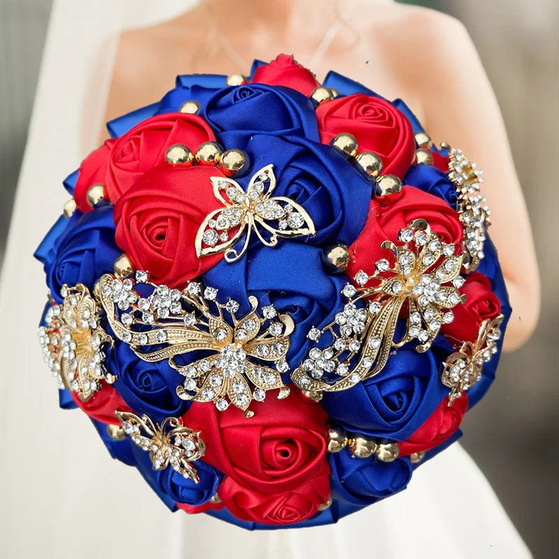 Navy silk rose wedding bouquet by IVINLA featuring artificial bridal flowers, 20cm size, with elegant silk roses and greenery.