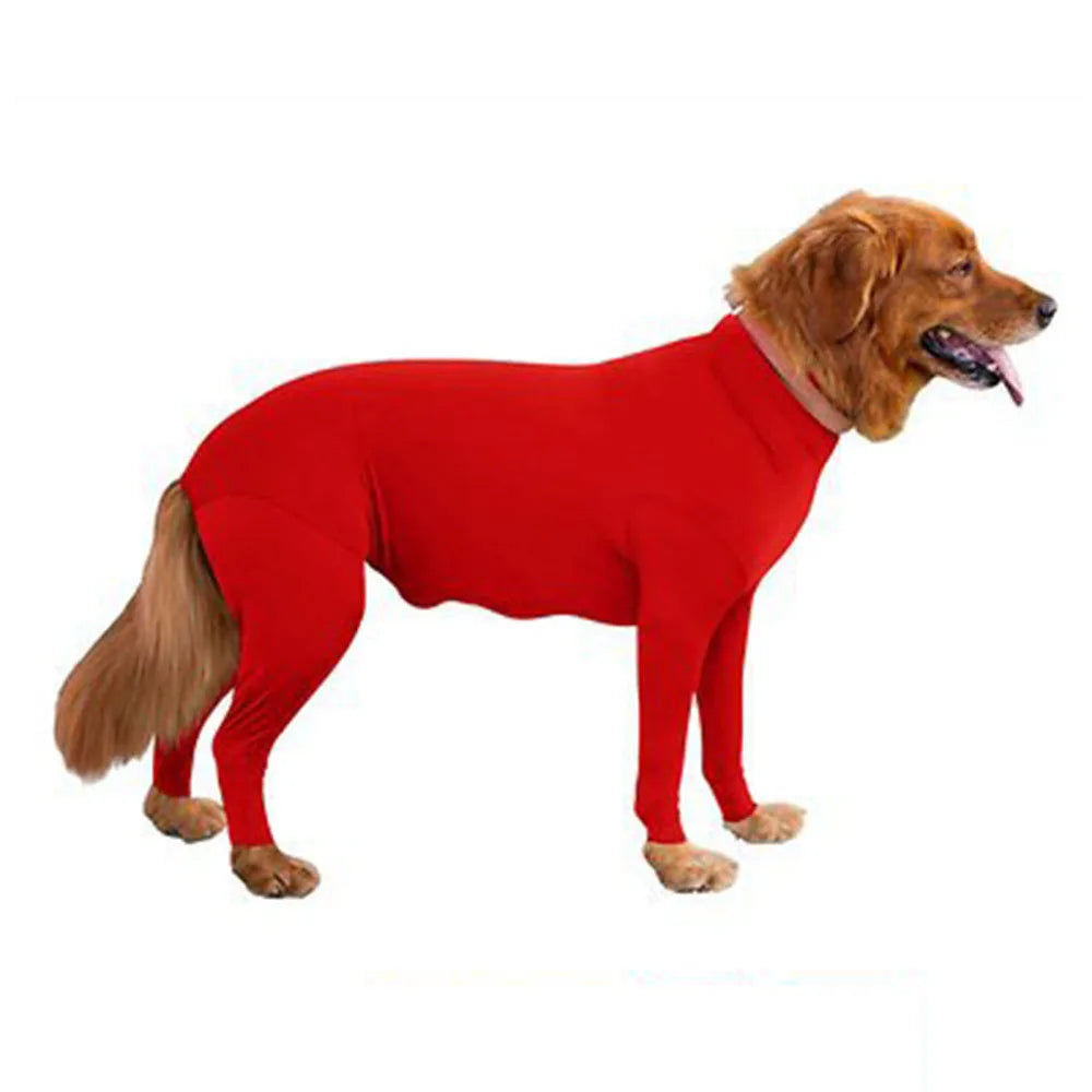 Showlu Dog Pajamas calming anxiety onesie and recovery suit on a small dog, made of soft fabric for comfort and stress relief.