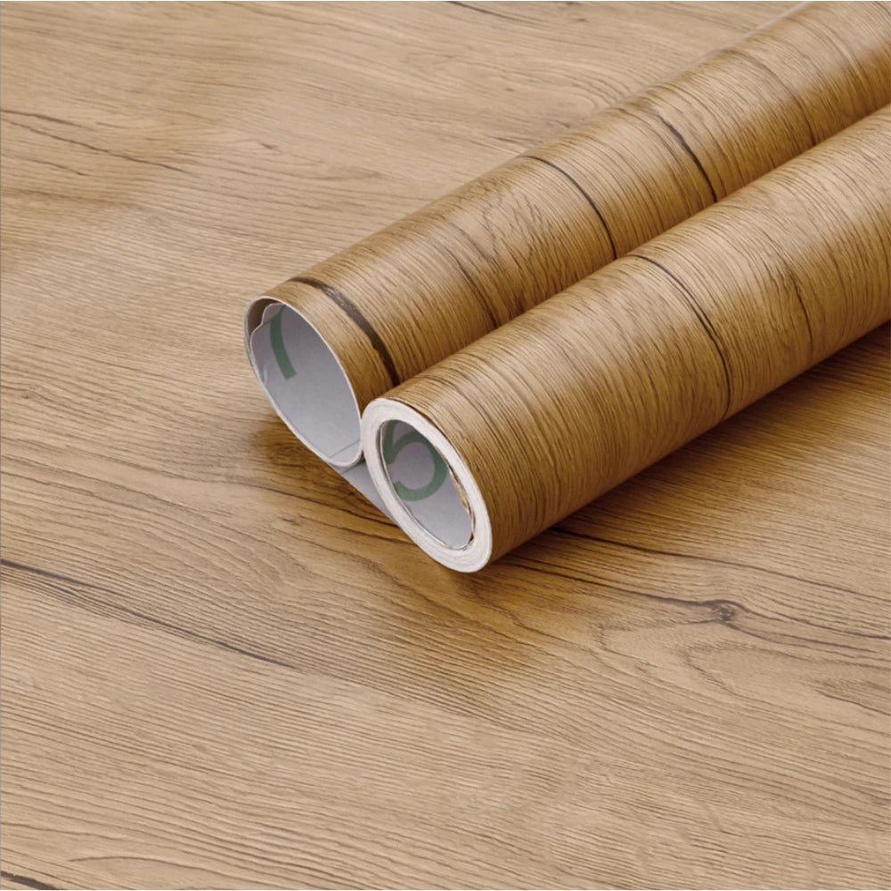 PVC waterproof self-adhesive wallpaper roll with wood grain design, ideal for furniture, walls, and cabinet decor.