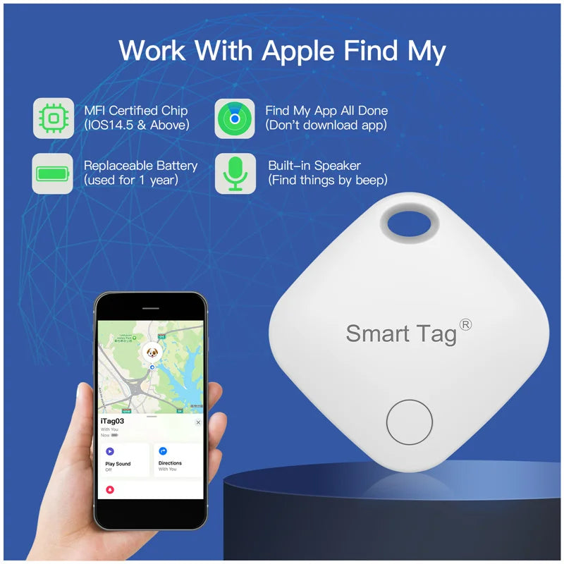 Showlu Smart Bluetooth item tracker with key finder and Find My compatibility, displaying a compact device and keychain attachment.