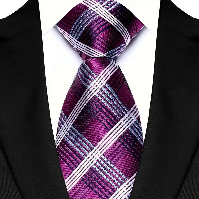Purple luxury men's necktie with floral plaid stripes, jacquard woven design, suitable for business, wedding, or party occasions.