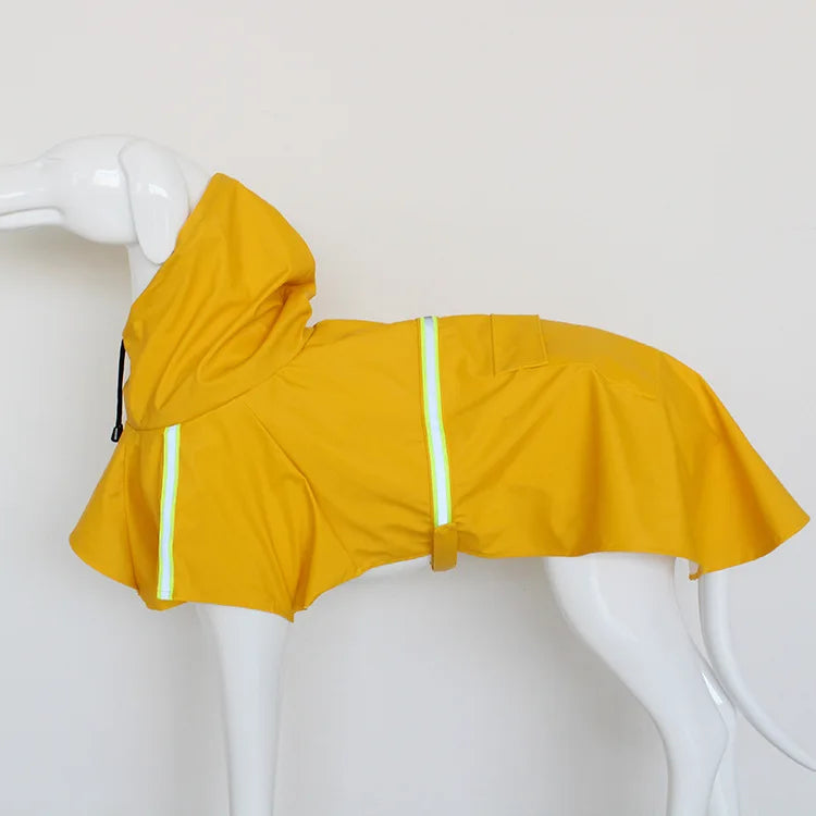 Large Showlu dog raincoat with reflective waterproof material and hood, designed for outdoor protection in wet weather.