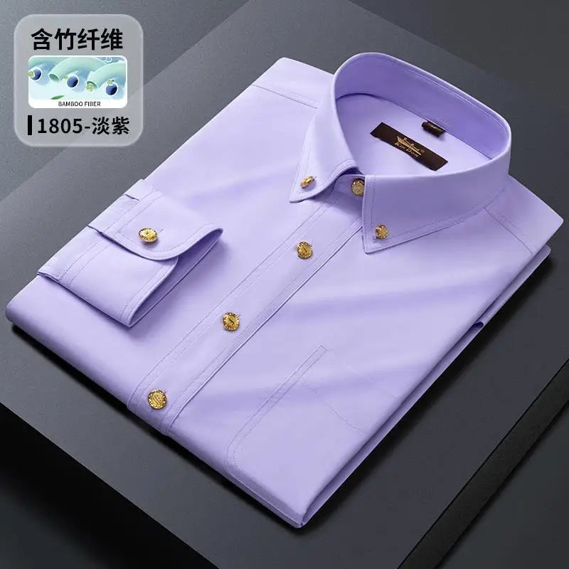 Men's luxury brass button long sleeve business casual shirt by Showlu Fashion, ironing resistant, suitable for office and gifting.