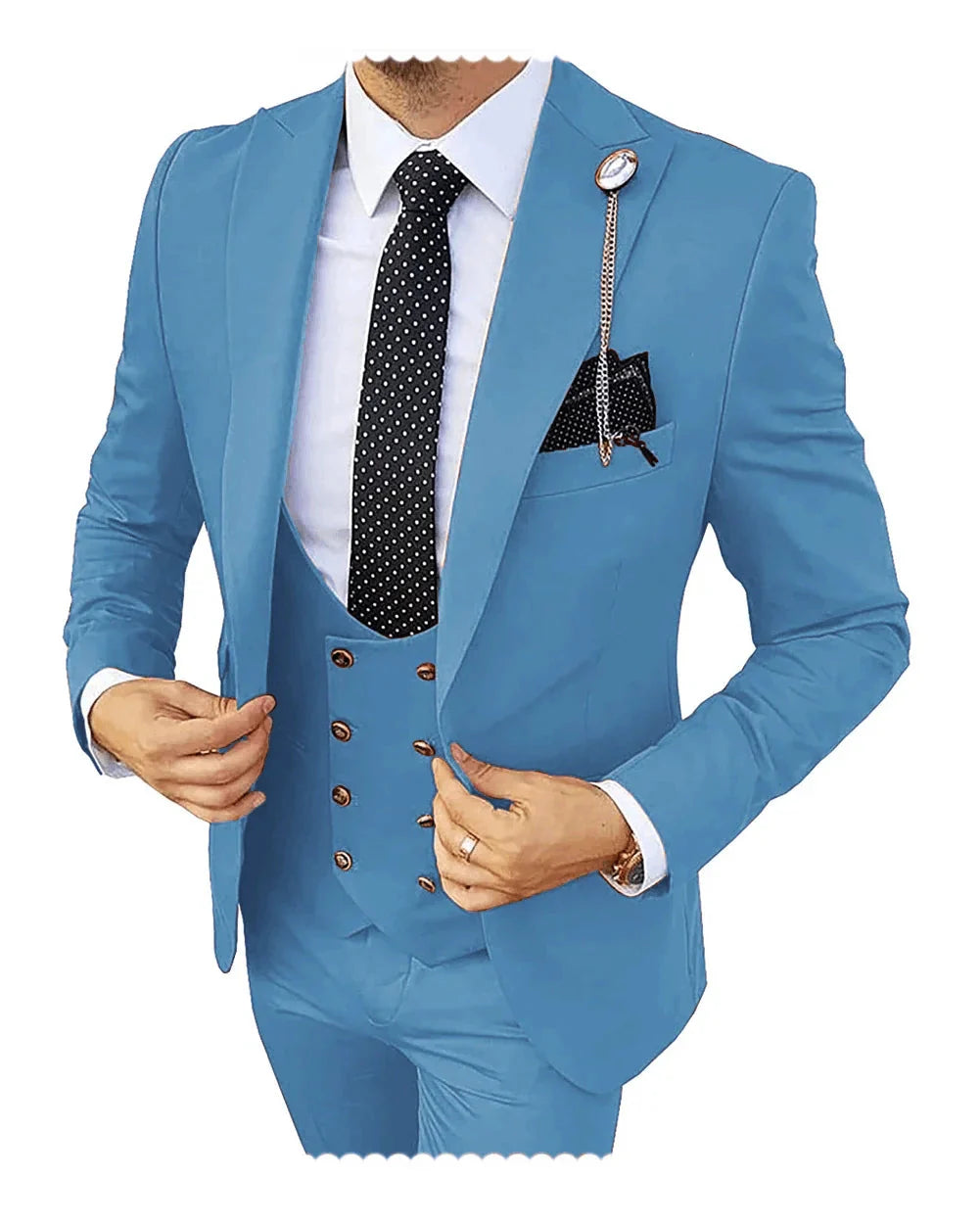 Men's slim fit wedding suit by Kromoc, featuring a wool blend fabric, peak lapel tuxedo with three-piece design.