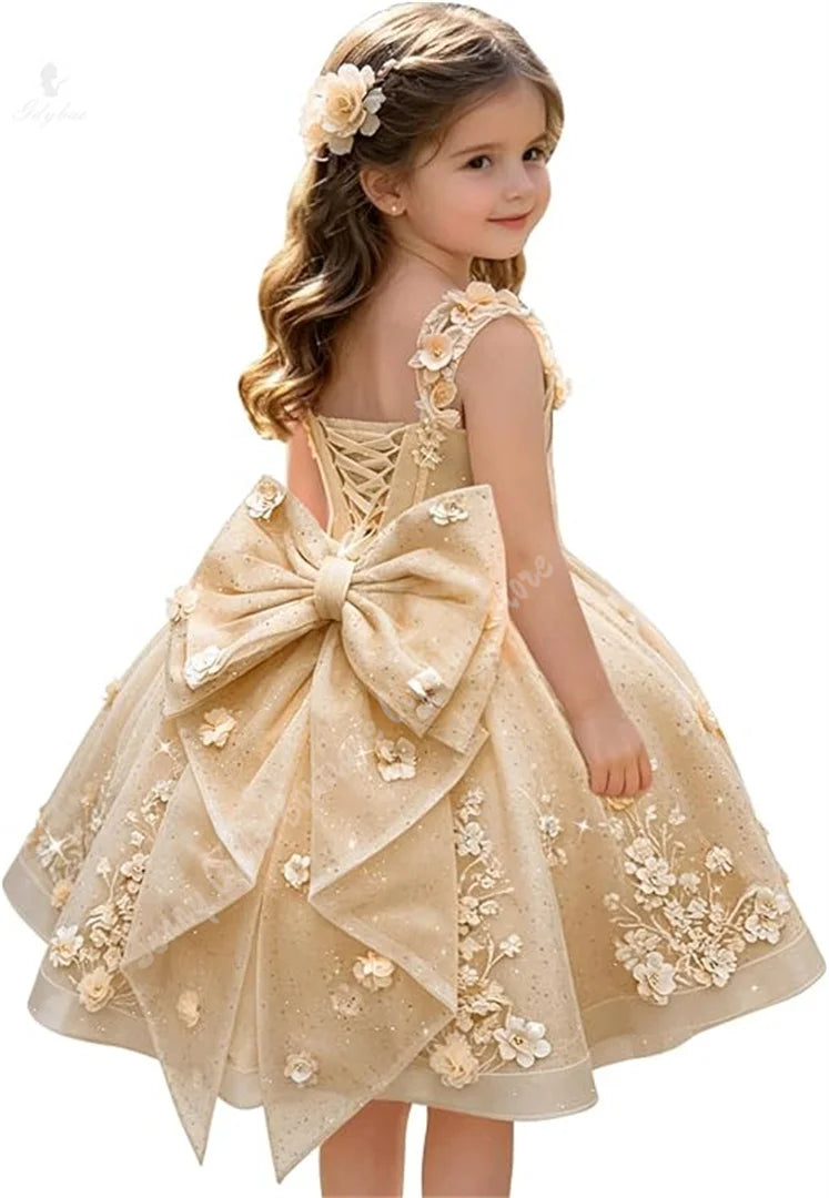 3D Floral with Bow Luxury Flower Girl Dress Wedding Thin Strap Backless Knee-Length Kid Pageant Party Birthday Event Dress