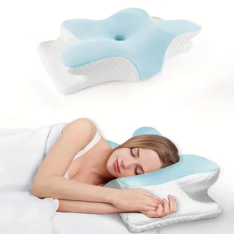Memory foam butterfly cervical pillow by Showlu for neck pain relief, featuring ergonomic design and soft fabric cover.