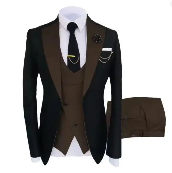 Luxury men's tuxedo suit by Showlu Fashion, includes jacket, trousers, and vest, perfect for formal parties and groomsmen attire.