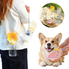 A portable pet water bottle with a bear-shaped bowl and a convenient shoulder strap.