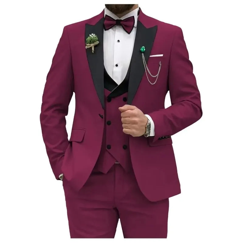 Royal blue men's 3-piece slim fit suit by Showlu Fashion, featuring double-breasted blazer, matching trousers, and vest on a mannequin.