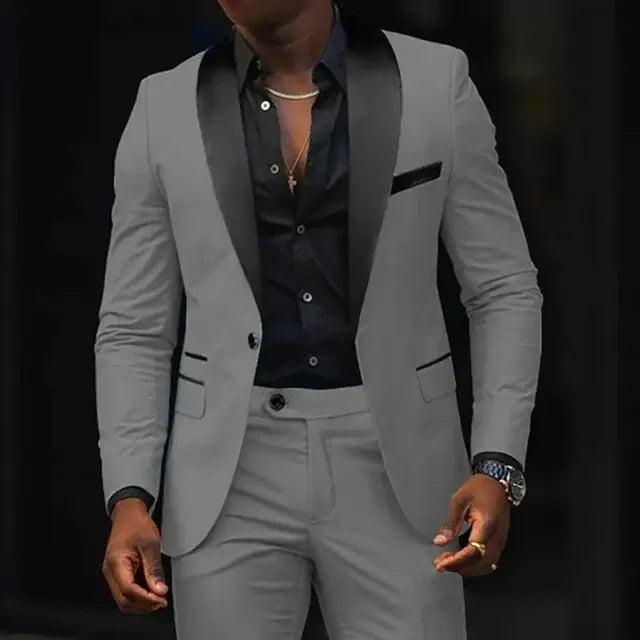 Showlu Fashion men's 2-piece slim fit cotton suit with shawl lapel blazer, tailored for a sleek, modern look.