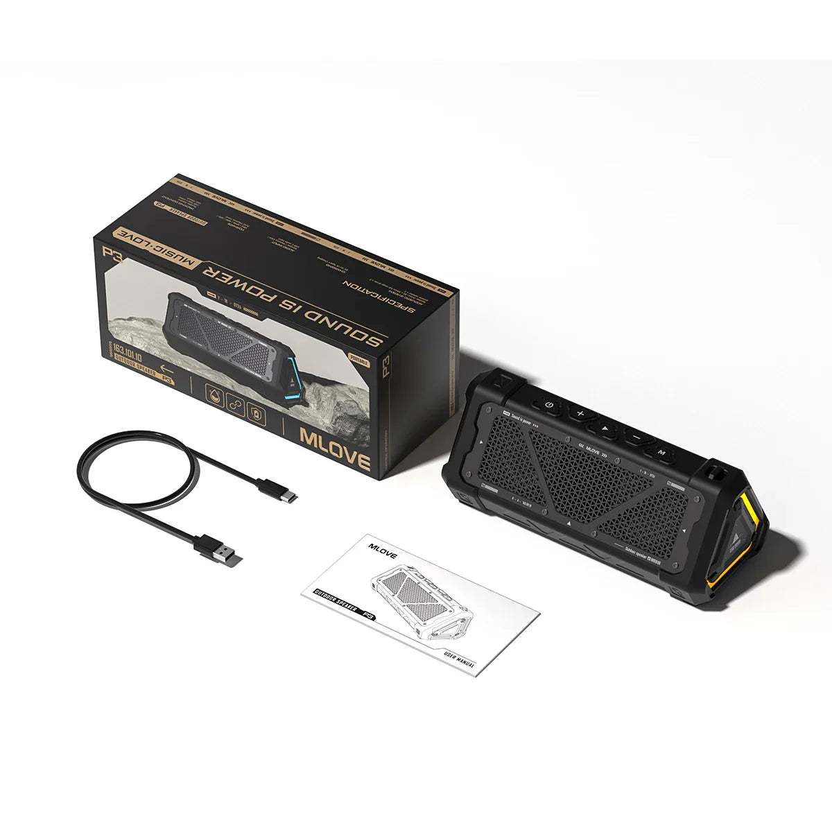 Outdoor Bluetooth speaker MLOVE P3 by SHOWLU with 40W stereo sound and IPX7 waterproof design, shown in the image.