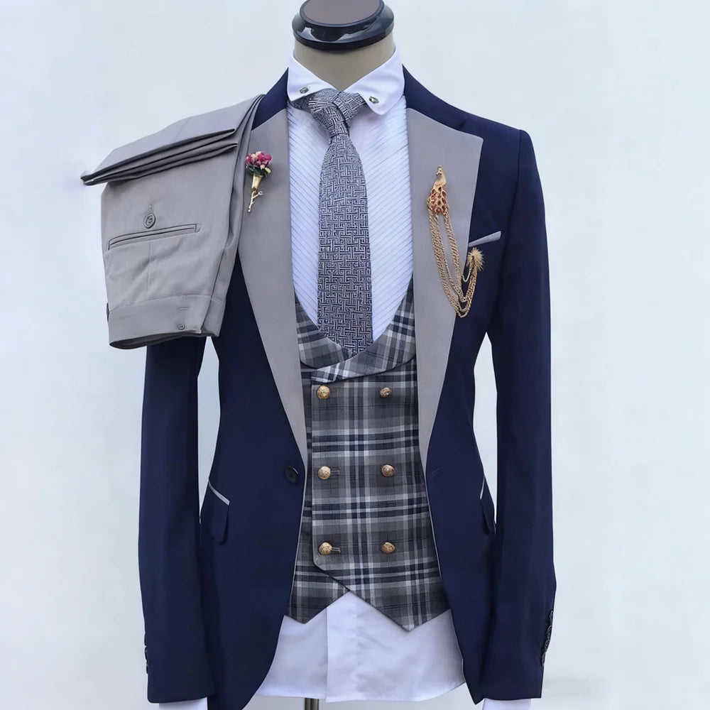 Men's Suit Set Three Piece Chic Notch Lapel One Button Outfit Fashion Smart Casual Slim Fit Formal Wedding Party Male Suit