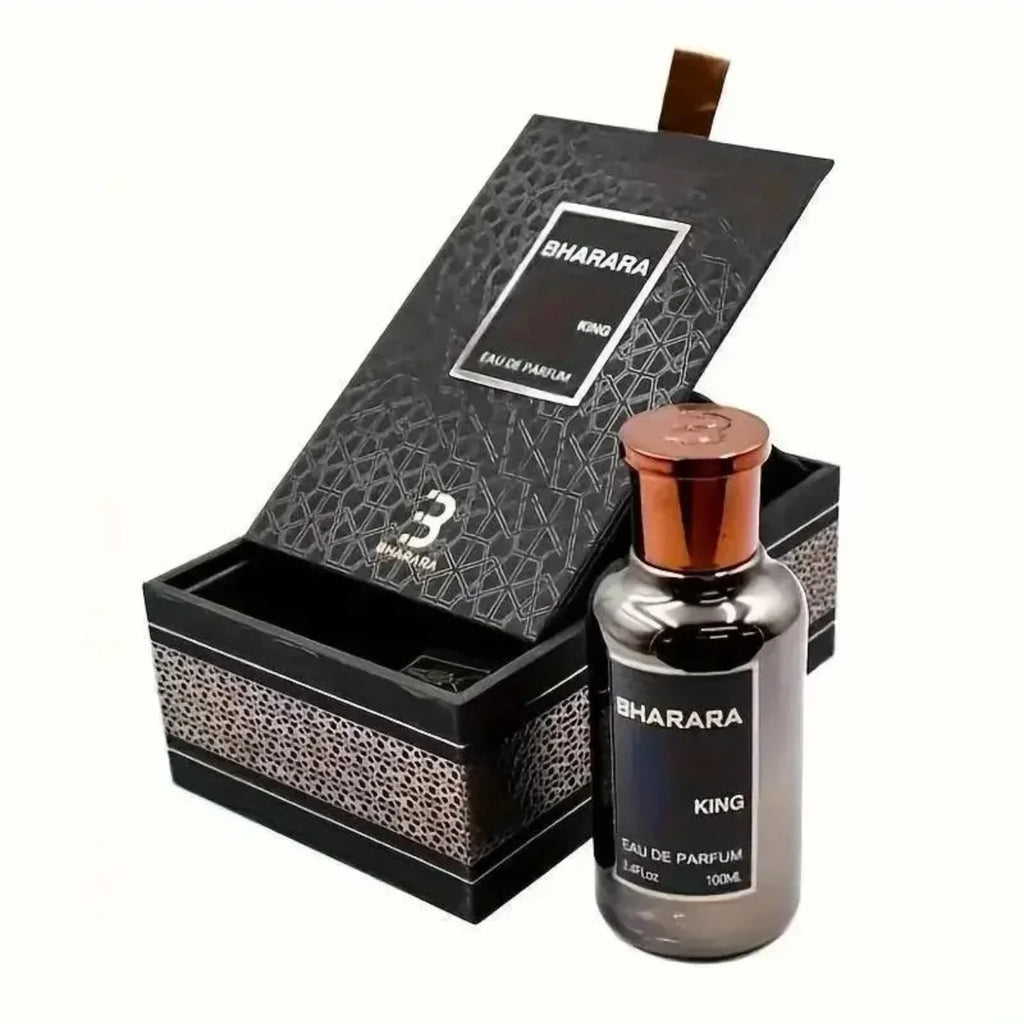 Bharara King Eau De Parfum for Men in 100ml bottle, featuring citrus and amber fragrance, with a sleek glass design.