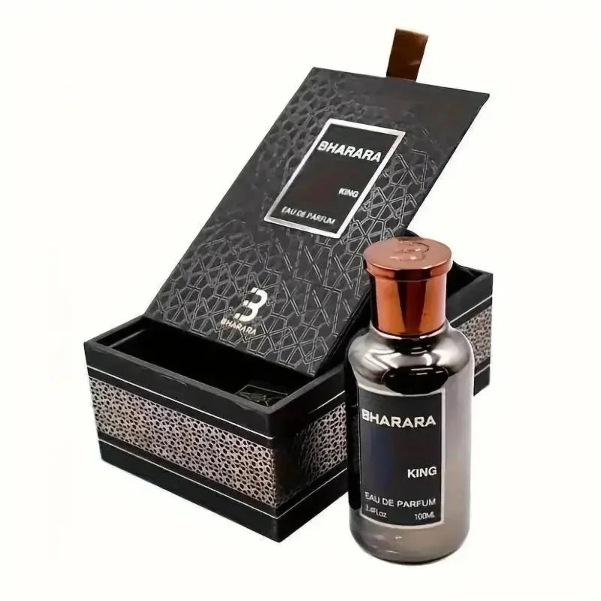 Bharara King Eau De Parfum for Men in 100ml bottle, featuring citrus and amber fragrance, with a sleek glass design.