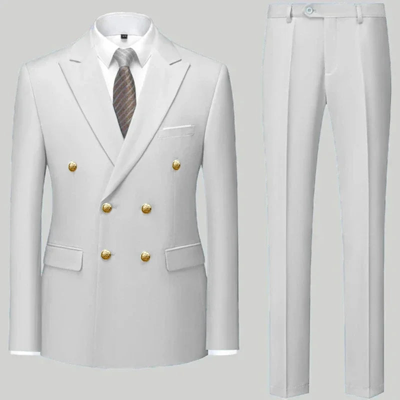 Men's double-breasted business suit set by Showlu Fashion, slim fit polyester suit with tailored lapels and classic design.