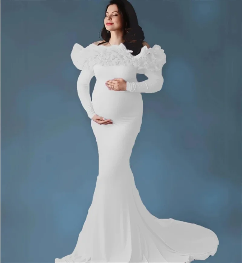 Light blue off-shoulder maternity prom dress with full sleeves, ruffles, and elegant design for bridal and evening occasions.