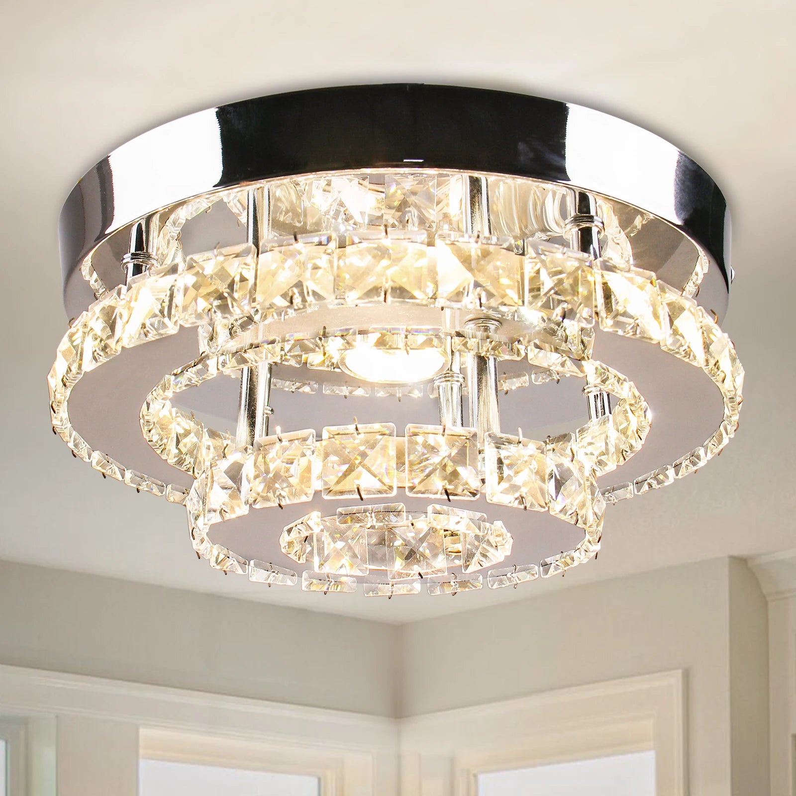 Mini LED crystal chandelier by QihangLighting with a 2-layer flush mount design, featuring sparkling crystal accents and modern style.
