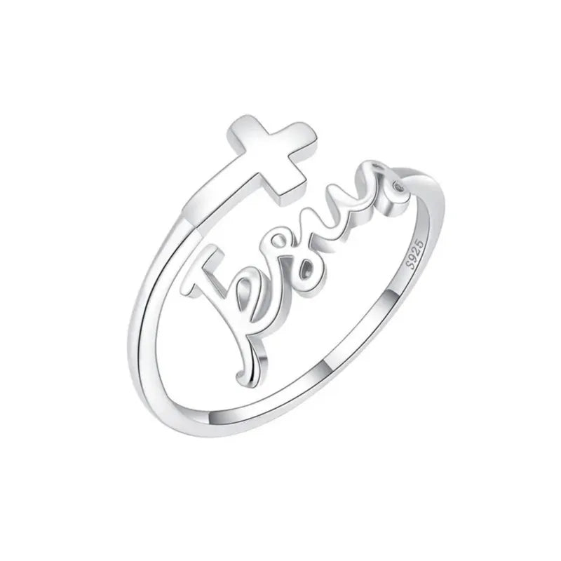 Showlu Silver Cross Jesus Zircon Ring featuring a religious design with sparkling zircon stones, perfect for prayer jewelry.