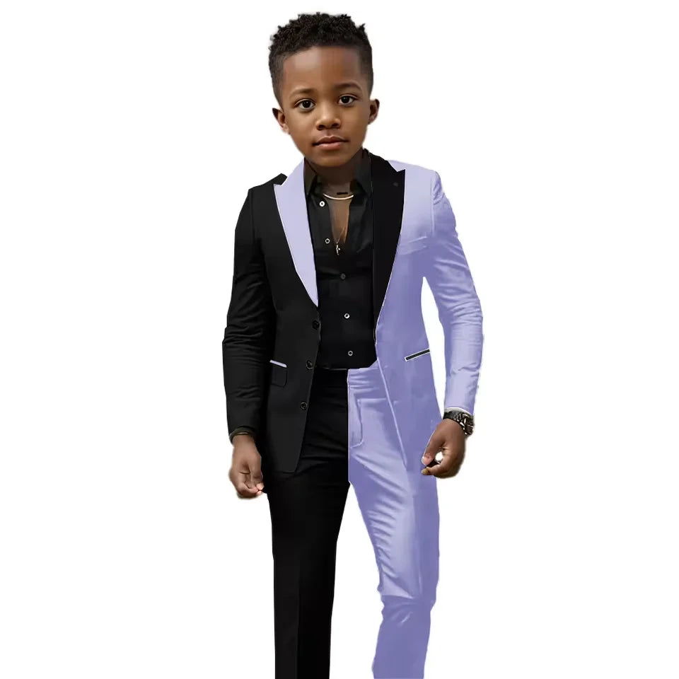 Black and white spliced boys wedding suit 2-piece set with slim fit jacket and pants, perfect for Easter, prom, or birthday.