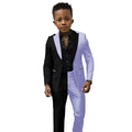 Black and white spliced boys wedding suit with jacket and pants, slim fit tuxedo for ages 2T-16T, perfect for special occasions.