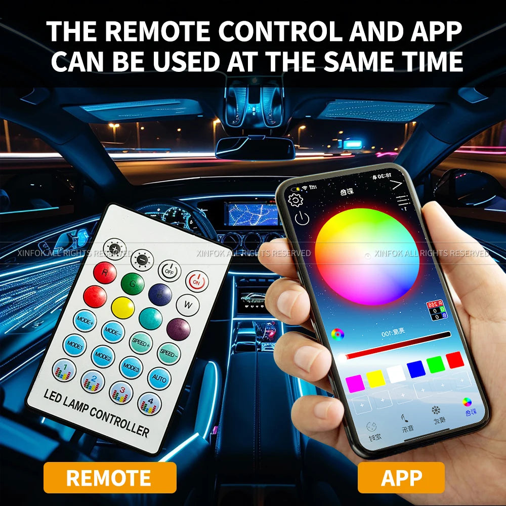 Showlu Smart General Car LED Ambient Lights installed inside a vehicle, showcasing colorful interior lighting for a modern look.