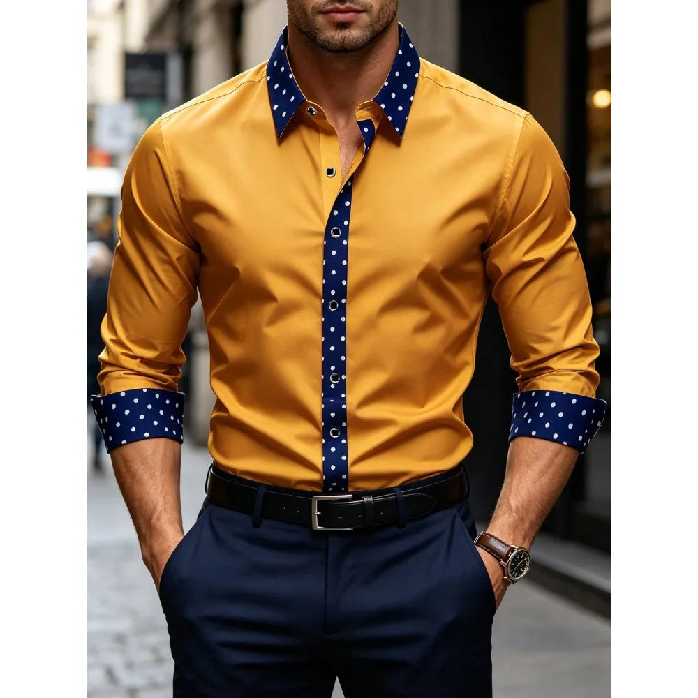 Elegant men's Showlu Fashion long sleeve shirt featuring micro elastic fabric, suitable for casual, business, and four-season wear.