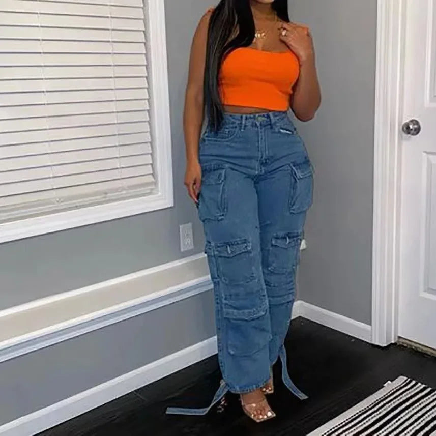 Naupang women's high-waisted cargo jeans by SHOWLU FASHION STORE featuring a loose fit and multiple utility pockets in denim.