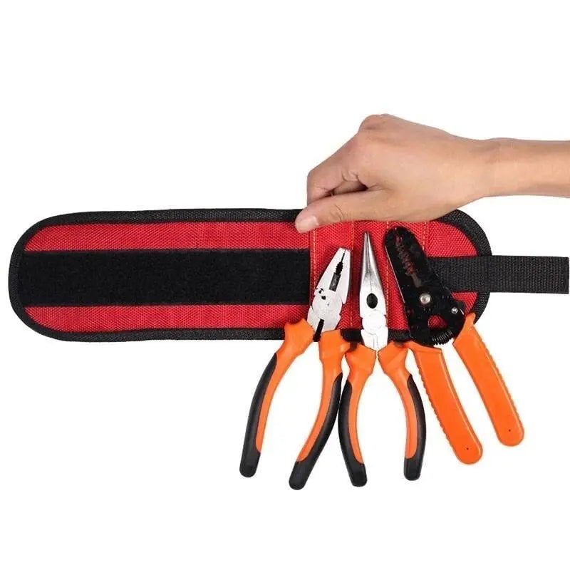 Showlu Smart magnetic tool wristband with adjustable strap, holding small screws, nails, and tools for DIY projects.