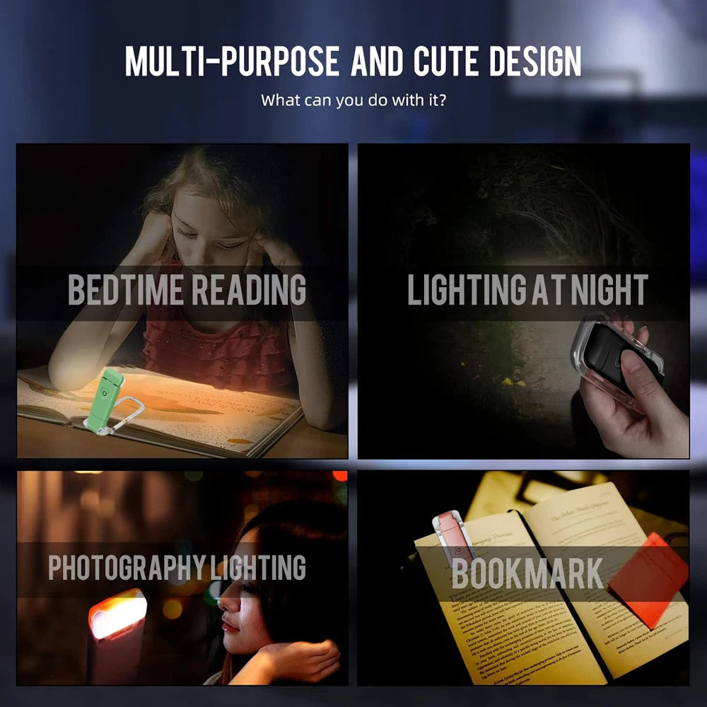 USB rechargeable amber book light by Showlu Smart General, showing compact design and adjustable brightness for reading.