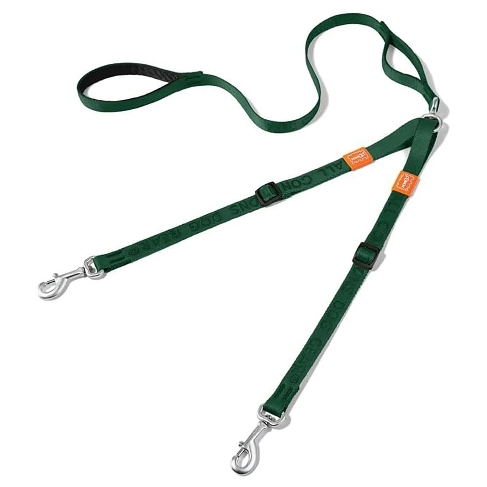 Double dog leash by Howgo, adjustable nylon dual lead coupler with no-tangle design, ideal for walking two dogs simultaneously.
