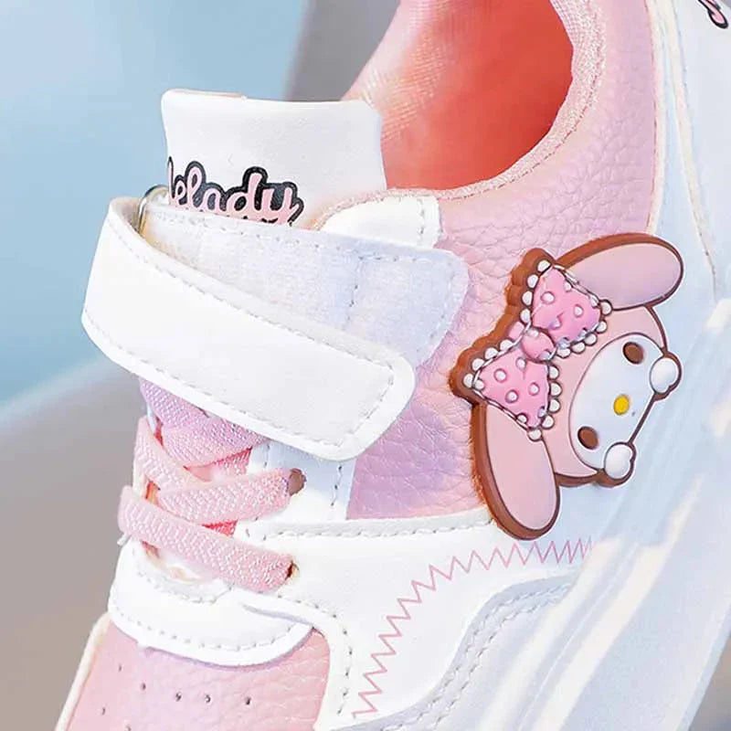 Sanrio Kuromi Melody kids casual sneakers with anti-slip soft soles, featuring colorful Kuromi character design and comfortable fit.