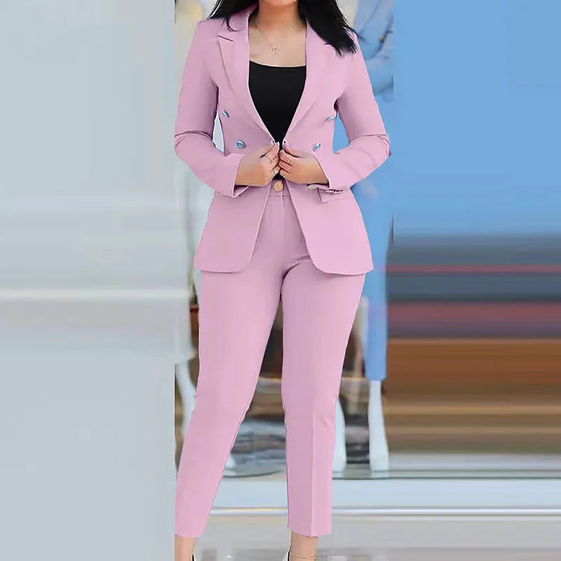Navel Orange Women's slim fit pant suit featuring a solid cardigan and pencil pants, stylish and tailored for a professional look.