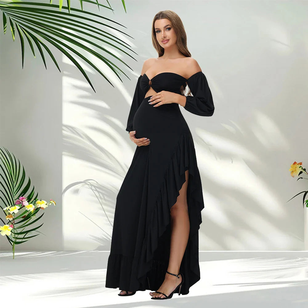 Showlu off-shoulder ruffled maternity dress for photoshoot and baby shower, featuring elegant design and comfortable fit.